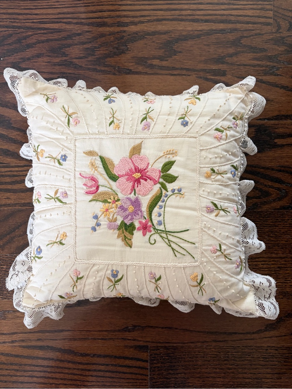 Vintage Embroidered Floral Decorative Pillow with lace trim Cottagecore Grandma